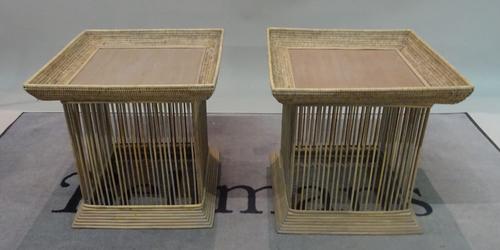 A pair of modern grey painted rattan side tables with galleried tops on plinth base, 51cm wide x 50cm high.