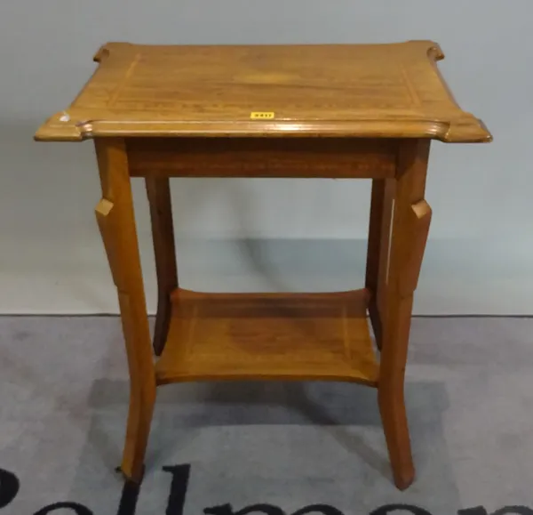 An Edwardian inlaid mahogany two tier occasional table, 62cm wide x 70cm high.