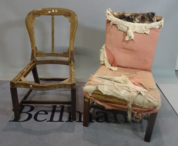 A George III mahogany framed side chair, 59cm wide x 93cm high, and another similar (a.f) (2).