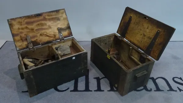 A quantity of early 20th century tools within two wooden boxes, 46cm wide x 26cm high, (2).