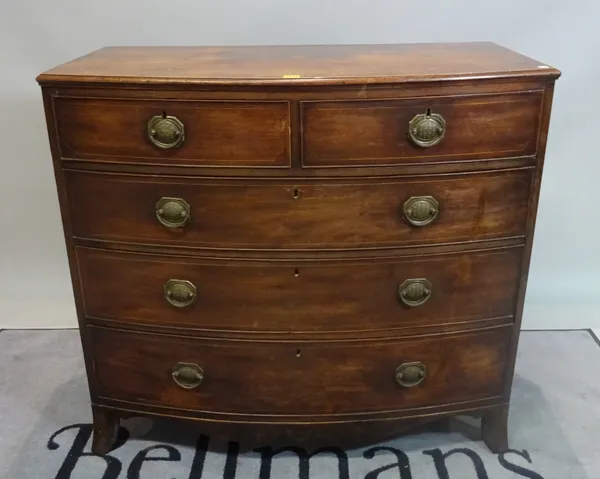 A George III mahogany bowfront chest of two short and three long graduated drawers on bracket feet, 109cm wide x 99cm high.