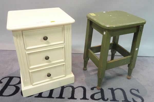 A white painted pine bedside chest of three drawers, 47cm wide x 61cm high, and a green painted stool, 40cm wide x 61cm high, (2).