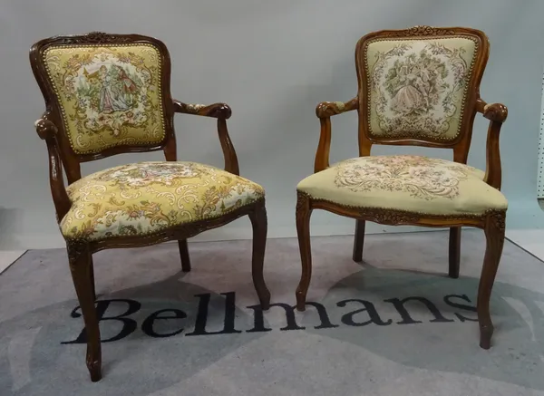 A pair of Louis XV style stained beech open armchairs, 55cm wide x  84cm high.