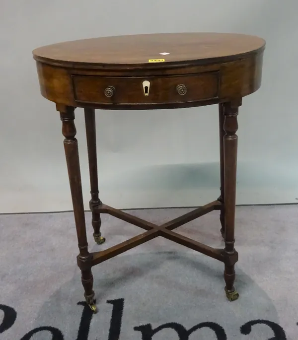 A 19th century Continental oval single drawer side table on turned supports united with an X-frame stretcher, 56cm wide x 72cm high.
