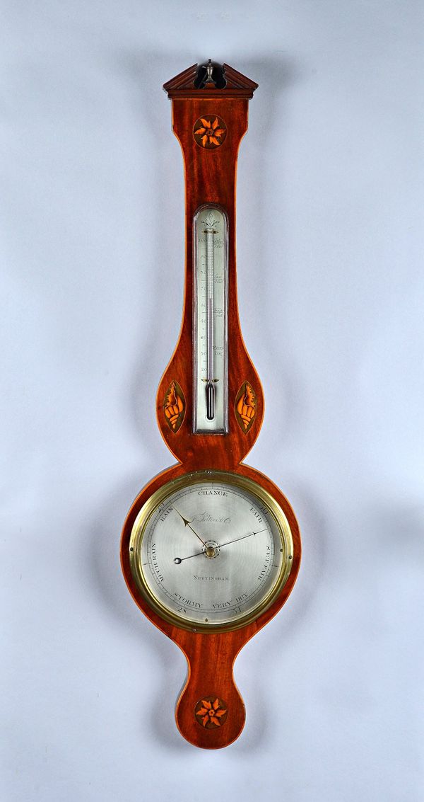 A late George III mahogany and shell inlaid wheel barometerBy F. Salteri & Co, NottinghamWith 8in silvered dial98cm high