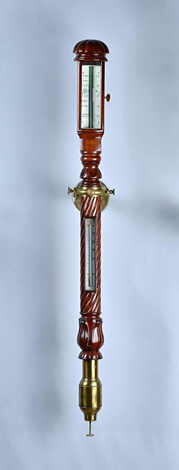 A late William IV/early Victorian mahogany marine barometerBy A. R. Easton, Aberdeen With ivory scales, foliate carved trunk and brass gimbal mount99c