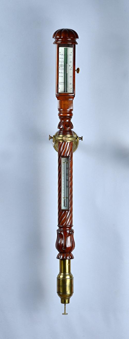 A late William IV/early Victorian mahogany marine barometerBy A. R. Easton, Aberdeen With ivory scales, foliate carved trunk and brass gimbal mount99c