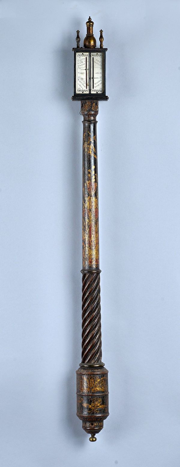 A Chinoiserie decorated stick barometer  In the manner of Daniel Quare, Early 18th Century and later   The silvered scale with two verniers, set by th