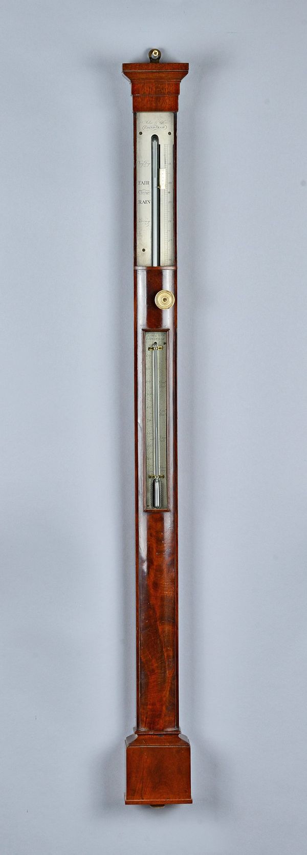 A George III mahogany bow-front barometerBy Adie & Son, EdinburghThe 8in silvered scale with vernier above the trunk with inset thermometer99cm high