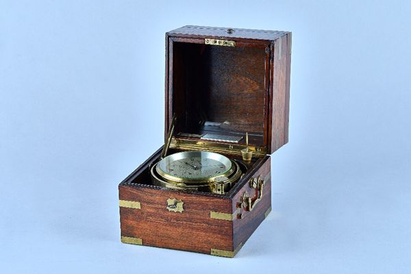 An early Victorian brass-bound rosewood and mahogany Marine ChronometerBy Barraud, 41 Cornhill, London, No. 2038, Circa 1845The three-tier box with dr