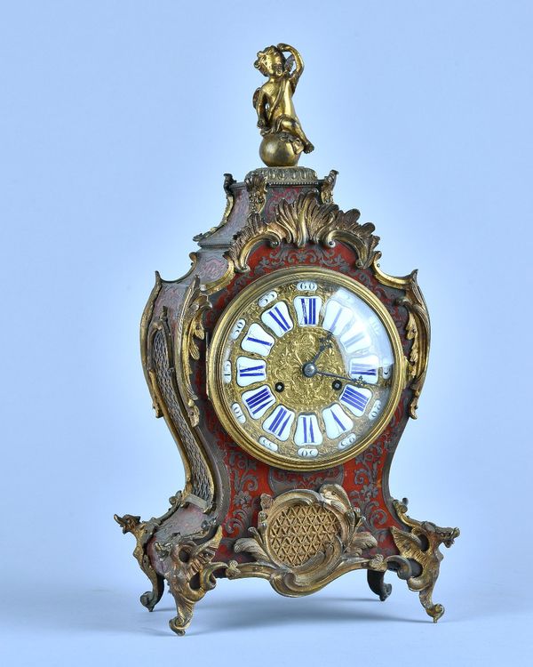 A French giltmetal-mounted Boulle work mantel clock  In the Louis XV style, Circa 1880  The movement stamped Mill & Sons, London, with Vincenti cachet