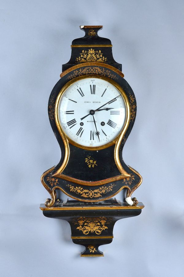 A Neuchateloise black lacquer and parcel-gilt decorated Grande Sonnerie striking bracket clock with alarmBy Jämes Dubied, Neuchâtel, Second half 19th