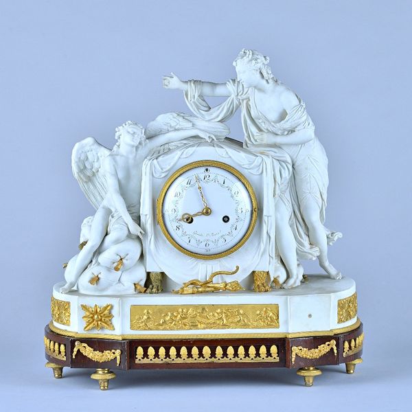 A Louis XVI ormolu and biscuit porcelain mantel clockThe movement by Pierre Gavelle, ParisModelled with two figures, above a white enamel dial, signed