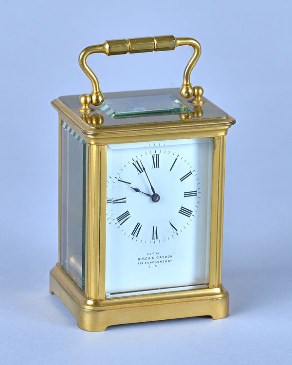 A French brass Carriage TimepieceLate 19th CenturyWith original platform lever escapement, the dial inscribed Birch & Gaydon, 172 Fenchurch St. EC, wi