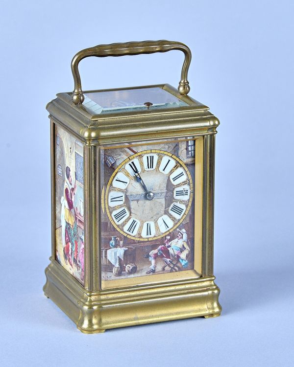 A French brass-cased triple porcelain-panelled Gorge cased carriage clock with push repeat Late 19th CenturyWith original silvered platform lever esca