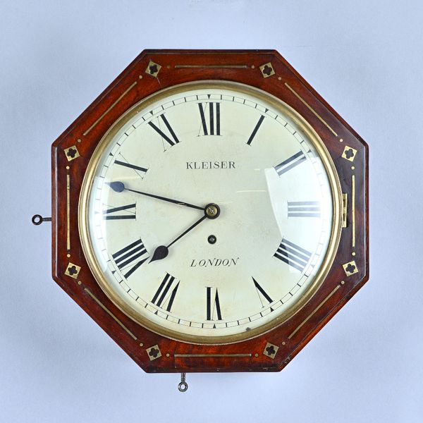 An octagonal mahogany and brass line inlaid mahogany Dial timepieceMid 19th CenturyThe 10in convex dial inscribed Kreiser, London, with blued steel sp