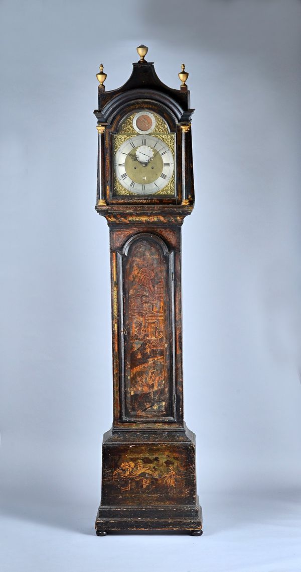 A late George II chinoiserie decorated Longcase clockThe movement by Richard Simpson, YarmouthThe case with a pagoda pediment above glazed door flanke
