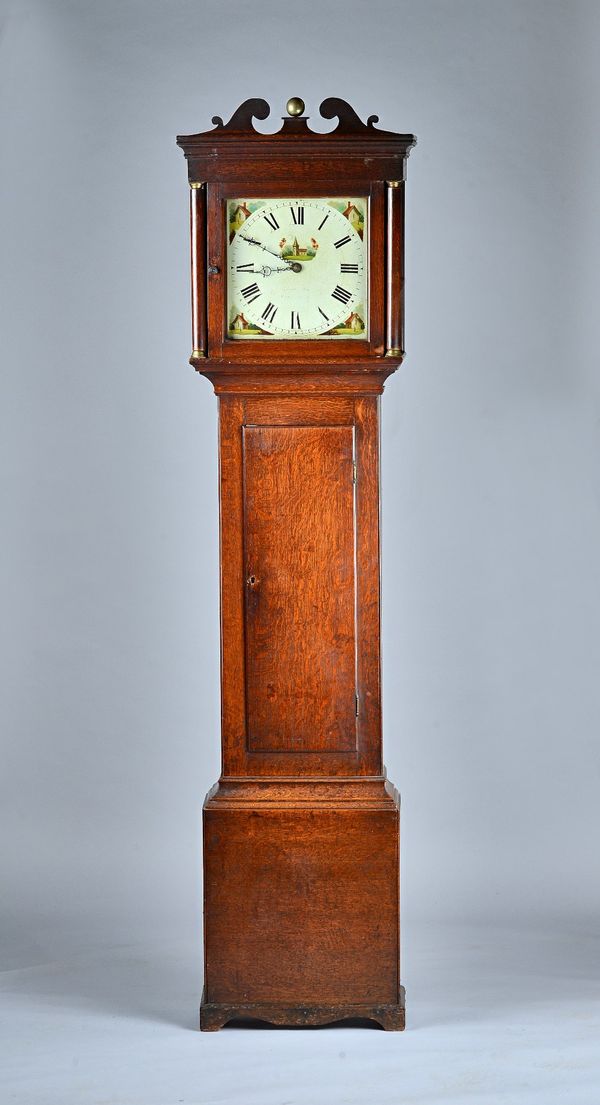 An oak 30 hour longcase clockBy Triggs & Busby, GuildfordEarly 19th CenturyThe hood with swan-neck pediment, with column uprights, the trunk with inse