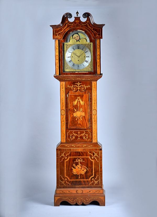 A mahogany, satinwood, marquetry and line-inlaid threetrain quarter-chiming Longcase clockThe case with swan-neck pediment, later inlaid to the front
