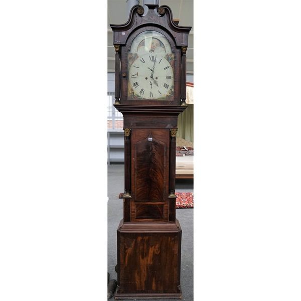 An 18th century mahogany longcase clock, circa 1830,  with an 8-day movement and arched moonphase dial, 56cm wide x 206cm tall.