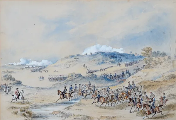 English School, 19th Century, A military engagement, The King's Troop, watercolour and gouache, 32 x 47cm.