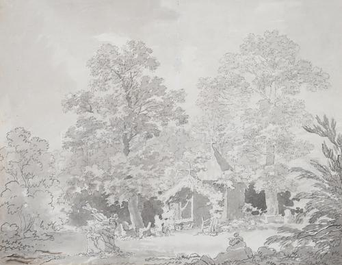 Attributed to Edmund Becker (British, fl. 1780-1810), The Artist Sketching Picturesque Ruins, bears label with title and artist's name (verso), grey i