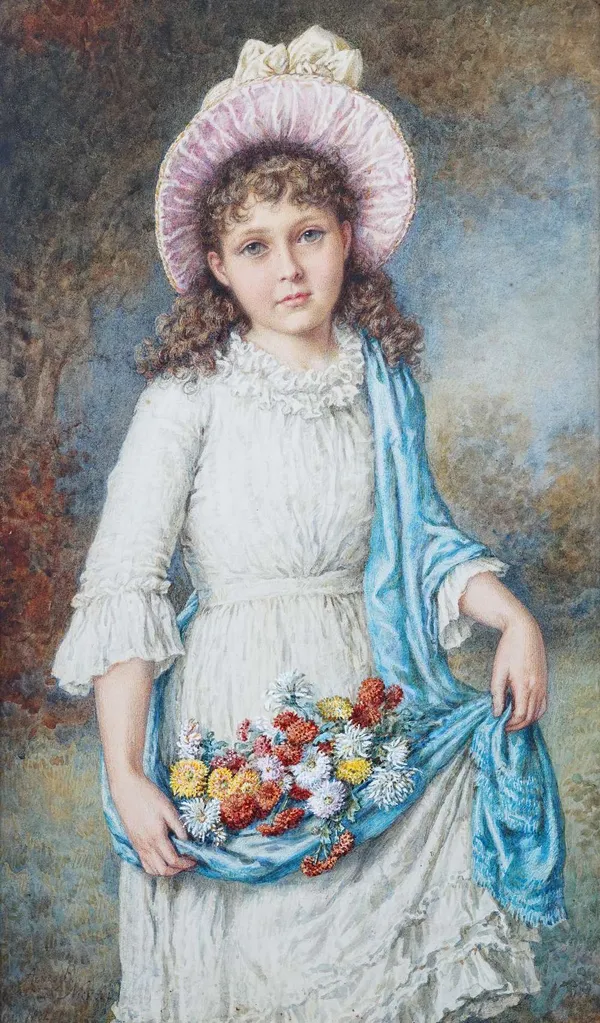 Agnes Rose Bouvier Nicholl (British, 1842-1892), A portrait of a girl with a blue shawl and flowers, signed and dated 'Agnes R Nicholl 1881' (lower le