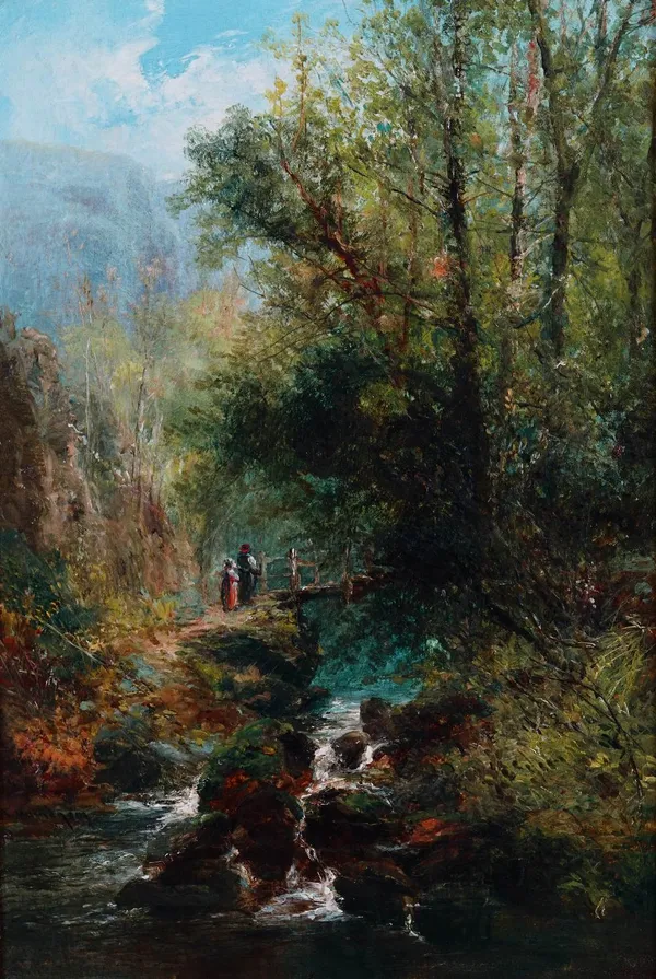 English School, 19th Century, Two figures by a bridge in a woodland, oil on canvas, 44.5 x 20.5cm.