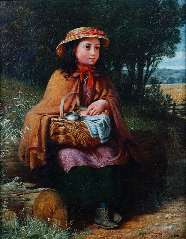 Robert Collinson (British, 1832-?), A girl seated holding a wicker basket, signed 'Robt Collinson' (lower right), oil on board, 26 x 20cm.