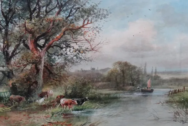 Henry Charles Fox (British, 1855-1929), River scene with cattle watering, Windsor Castle beyond, signed and dated '1924', watercolour and bodycolour,