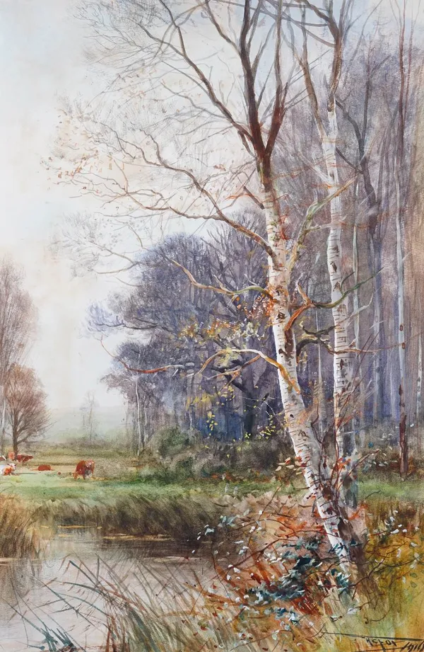 Henry Charles Fox (British 1855-1929), Woodland pool, signed and dated '1916', watercolour, 52 x 34.5cm.