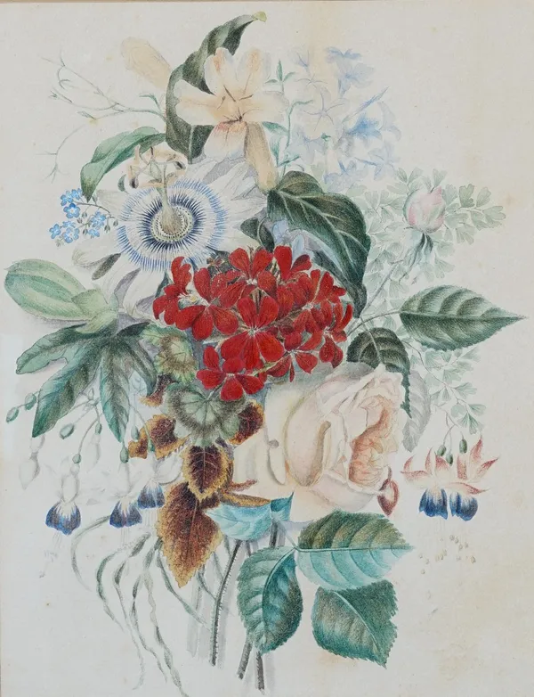 English School, 19th Century, A study of flowers, watercolour, 32 x 25cm, together with another 19th century watercolour of flowers, 15 x 19.5cm, and