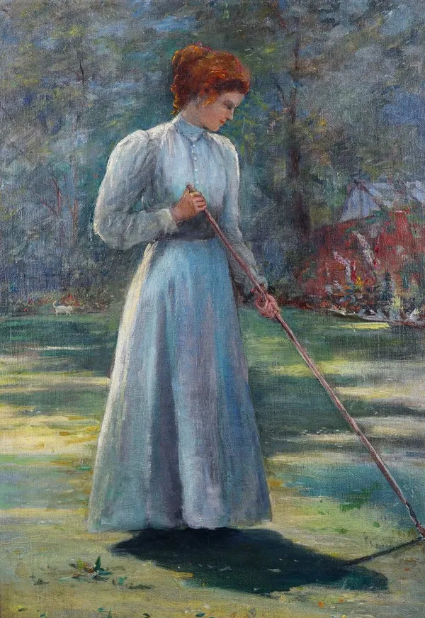 E Arkle (British, early 20th Century), A woman in the garden, inscribed 'E Arkle, Backwell Manor, Backwell, oil on board, 66 x 46cm.