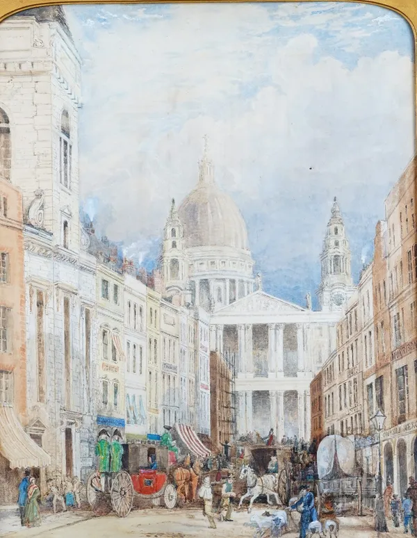 Follower of John Charles Maggs, Ludgate Hill and St Paul's Cathedral, watercolour heightened with white, 70 x 55cm.