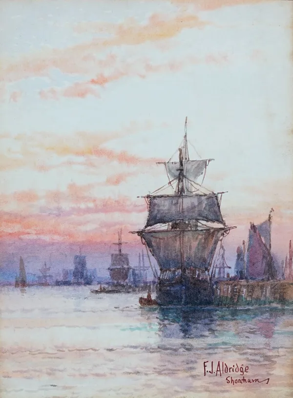 Fredrick James Aldridge (British, 1850-1933), Ships at Shoreham, signed and inscribed 'F J Aldridge Shoreham' (lower right), watercolour, 15 x 11cm, t