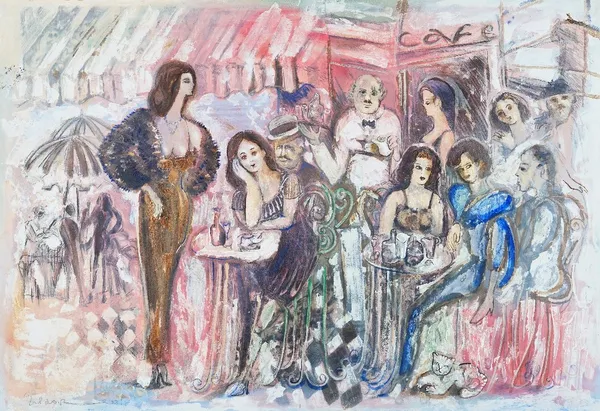 Jacob Gildor (Israeli, b. 1948), Scene de Cafe, Paris, signed and indistinctly inscribed, acrylic, gouache, watercolour and chalk, 61.5 x 89.5cm.This