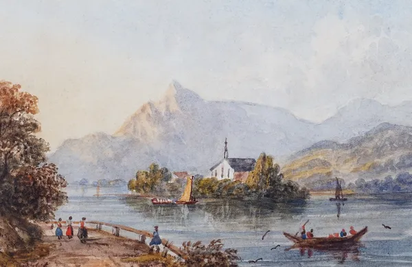 English School, 19th Century, A European lake scene; and a companion, a pair, watercolour heightened with bodycolour, each 19 x 29cm, together with an