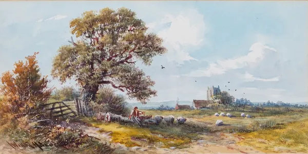 John Wilton Adcock (British, 1863-1930), A pair of shepherding scenes, each signed 'Wilton Adcock', watercolour heightened with white, each 17 x 35cm,