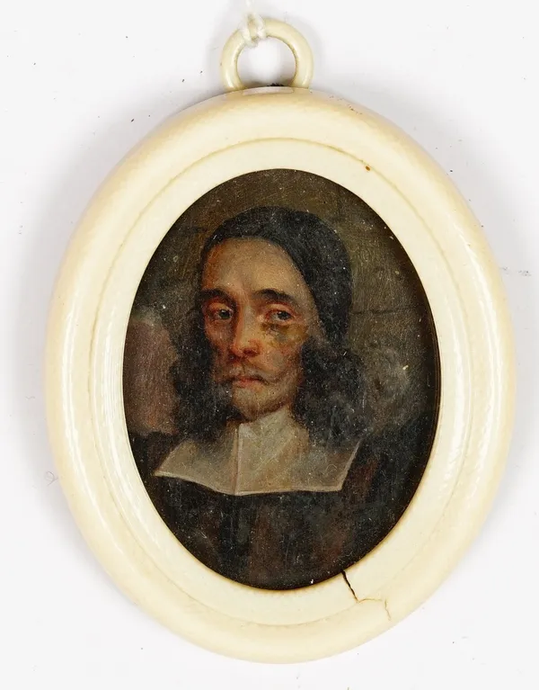 Northern European School, 17th Century, A portrait miniature of a gentleman wearing a white collar, oil on copper, 5 x 3.7cm, in an ivory frame.