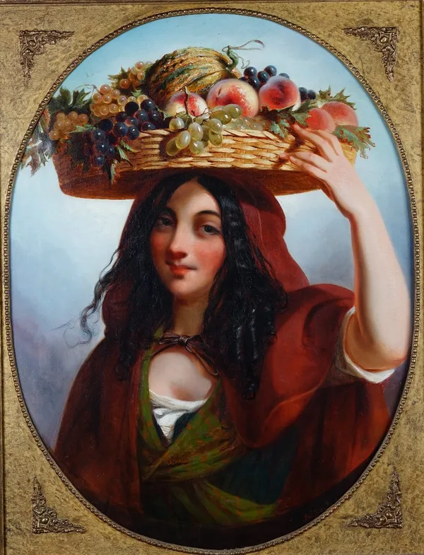 Thomas Jones Barker (British, 1815-1882), The Fruit Carrier, signed, oil on canvas, framed as an oval, 88 x 67cm.