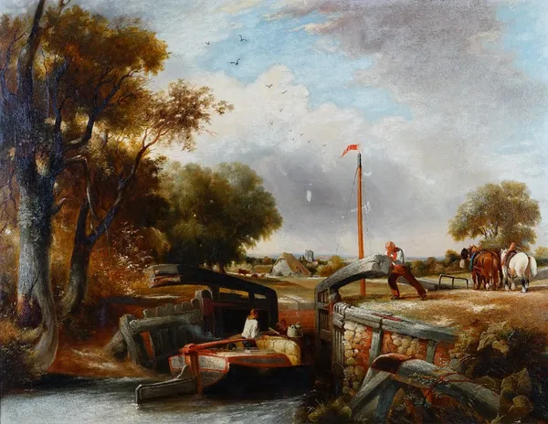 C Dowton Smith (British, fl.1842-1854), A barge entering a lock, signed, oil on canvas, 69 x 89cm.