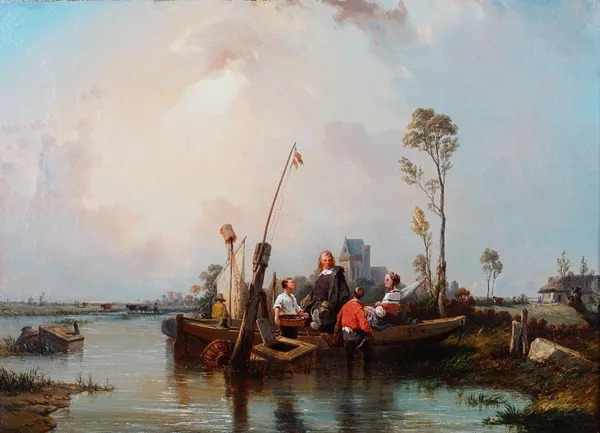 Eugène Modeste Edmond Lepoittevin (French, 1806-1870), Estuary scene at sunset with figures in a barge, oil on canvas, 42 x 60cm.