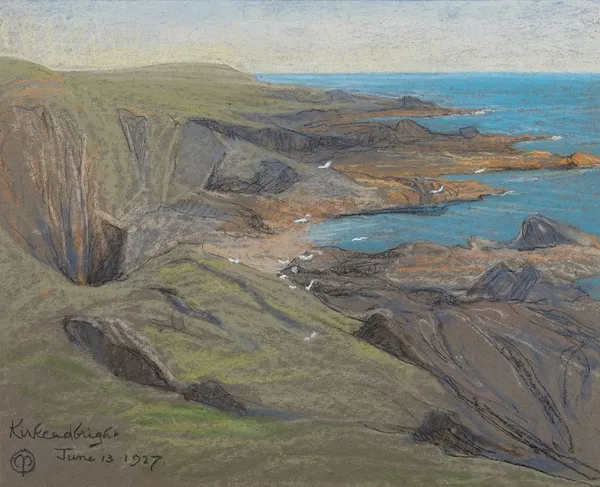 Mary Yates (British, 1891-?), Kirkcudbright, signed with cipher, titled and dated '1927' (lower left), pastel, 35 x 44cm, together with a pastel by th