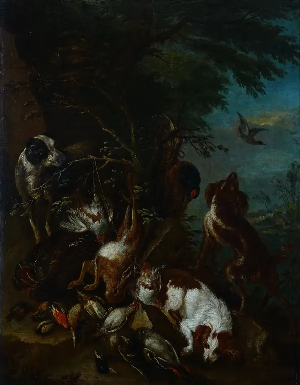 Follower of Adriaen de Gryeff, Hunting dogs with game in a landscape, oil on panel, 63 x 48.5cm.