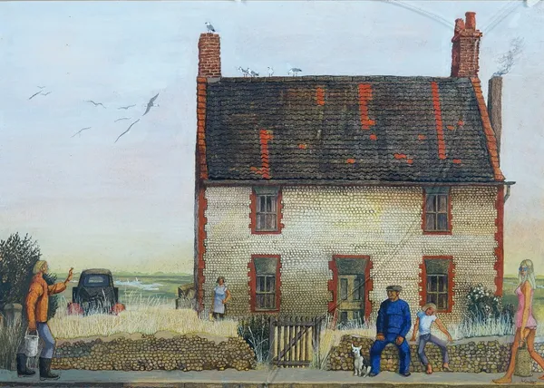 Audrey Cruddas (British, 1912-1979), People outside a house, signed 'A Cruddas' (lower right), gouache, 30 x 42cm. ARR