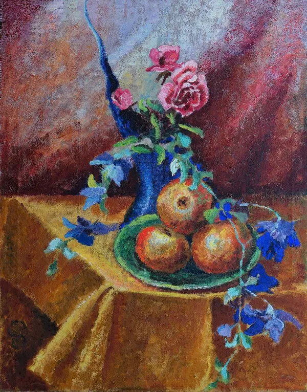 Charles C Sargeant (British, 20th Century), Still life of a rose and fruit, initialled (lower left), oil on canvas, 65 x 50cm. ARR