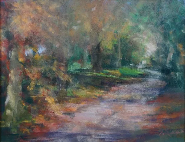 Sue Beckwith-Smith (British, 20th Century), A path through a woodland, signed 'Beckwith-Smith' (lower right), pastel, 35.5 x 46.5cm, together with two