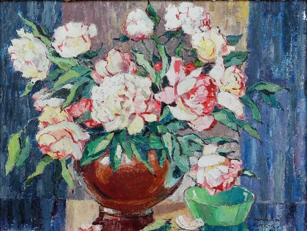 Donald Greig (British, 1916-2009), Still life of flowers in a vase, signed 'Donald Greig' (lower right), oil on board, 26 x 34cm.  ARR