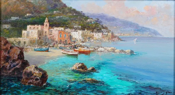 Vincenzo Laricchia (Italian, b.1940), An Italian coastal scene; and a companion, a pair, each signed 'V Laricchia' (lower right), oil on board, each 2