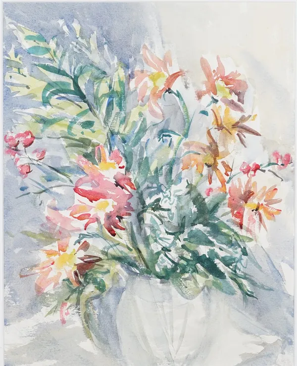 Katherine William-Powlett (British, 20th Century), Flower Arrangement I, initialled (lower right) and bears Chelsea Art Society label (verso), waterco